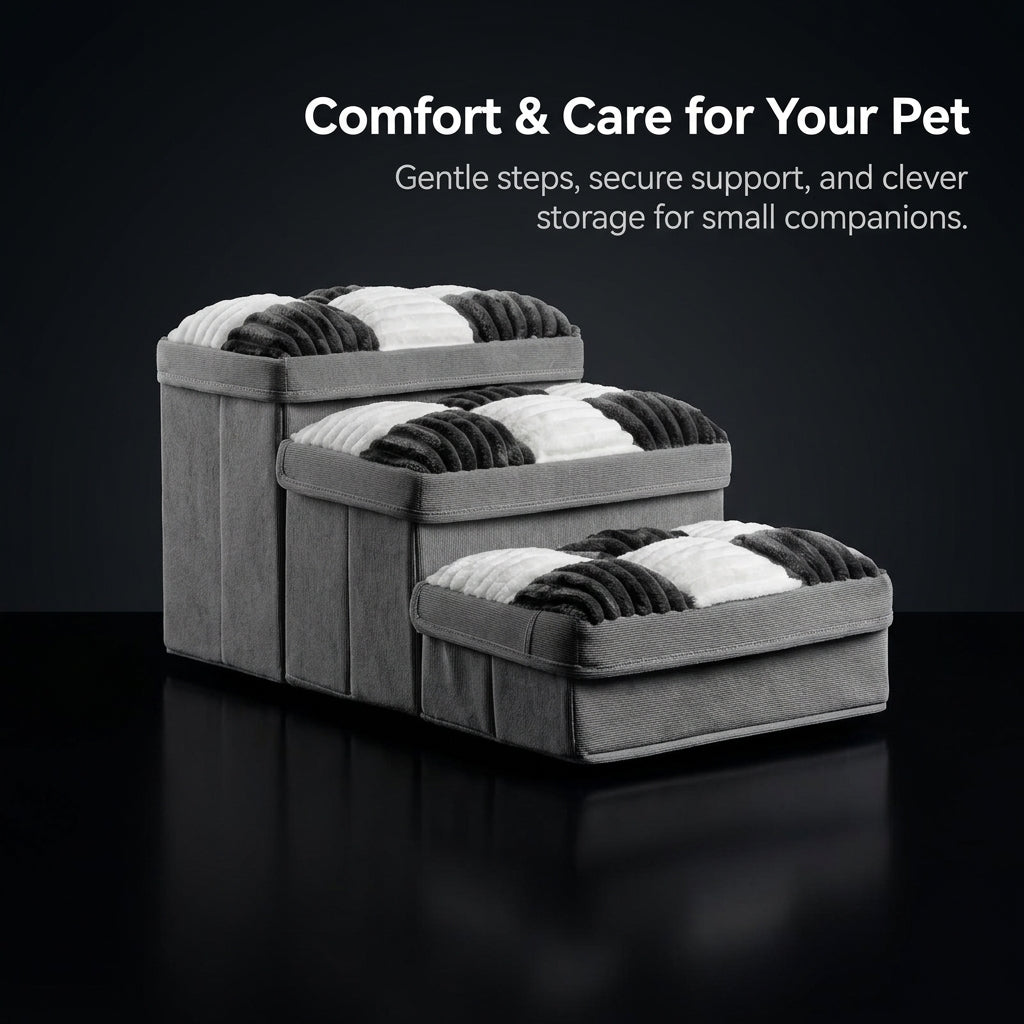 Dog Steps for Bed and Sofa with Foldable Design for Small Pets, Textile Pet Stairs with Built-In Storage Compartment, Reinforced Base for Stability