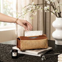 Tissue Paper and Rattan Tissue Box for Bedroom Decor, Rectangular Tissue Box Holder with Pull-Tab Handle, Home Office Desk Organizer, Gift