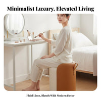Light Luxury & design Round Makeup Pouf Modern Design Upholstered Round Ottoman Gold-Tone Metal Base Vanity Seat Multifunctional for Beauticians, Homeowners, Nail Salon, changing area, Walk-in Closet, Entryway