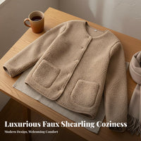 Round Neck Fleece Cardigan Warm women's Fleece Cardigan Soft Collarless Open Front Jacket for Young Adults, Students, Fall Season, Daily Wear, Outdoor