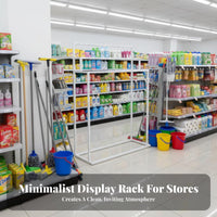 Mobile with Optional Wheels Mop and Broom Display Rack Space-Saving Mop and Broom Holder Long-Lasting Metal Frame Multi-Tier Hook Stand Heavy Duty for Shop Owners, Retailers, Supermarket