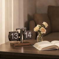 Flip Clock with Wooden Base Compact Classic Current Woodgrain Flip Clock High Readability for Office, Bookshelf