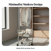 Multi-Functional Mobile Garment Rack with Storage Baskets Multifunctional Rolling Garment Rack with Basket Space-Saving Design Freestanding Closet Organizer 360° Swivel Wheels for Apartment Dwellers, Homeowners, Clothing Shop, Bedroom, Dorm Room, Balcony