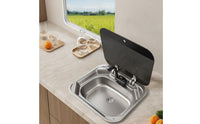 Rv Sink with Glass Lid Compact Wash Basin Easy-Clean for Travel Trailer, Caravan