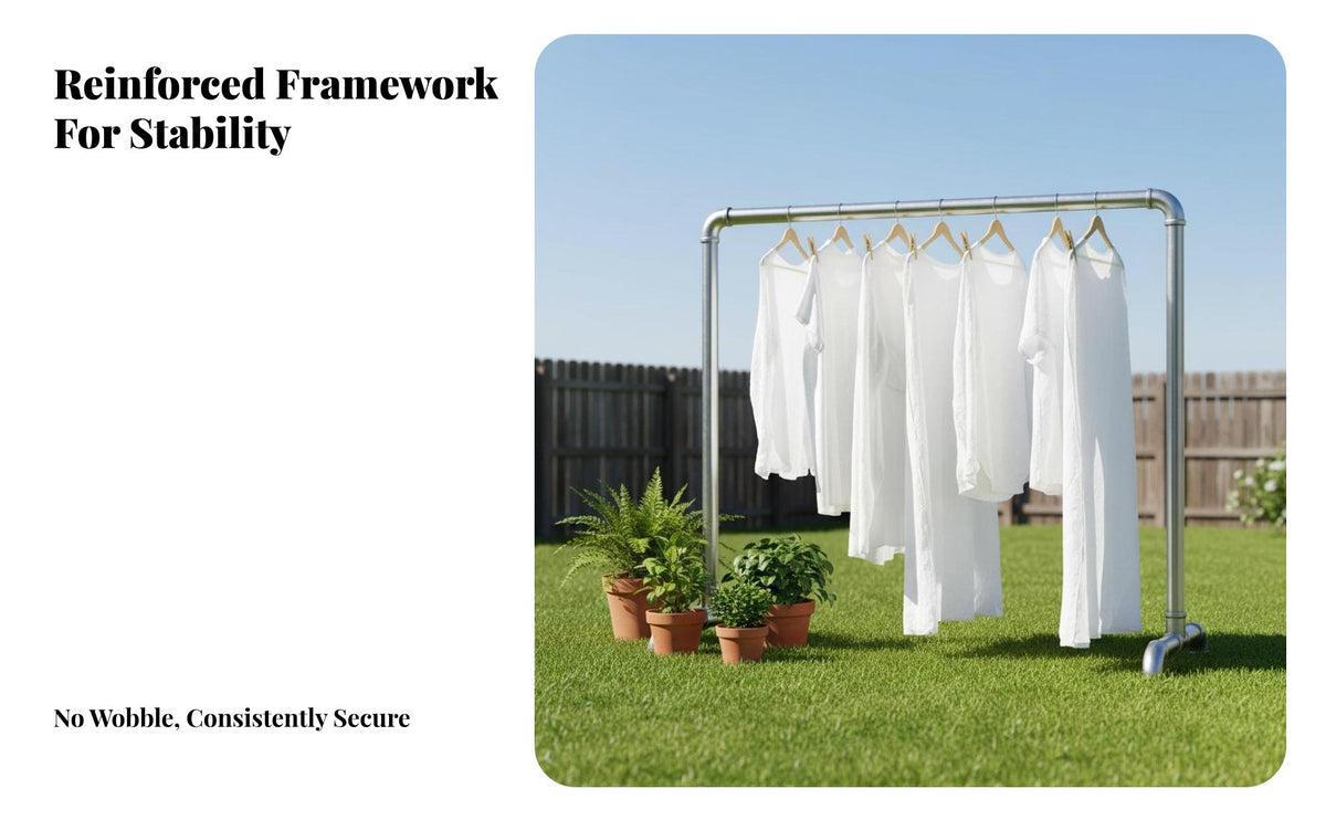 Rust Resistant Freestanding Clothes Rack Heavy-Duty Freestanding Pipe Clothes Large Capacity Garment Stand Industrial Design for Homeowners, Boutique Owners, Balcony, Bedroom, Laundry Room, Entryway