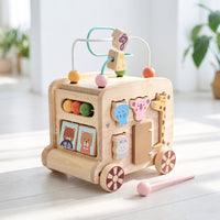 Educational Wooden Activity Cart Learning Wooden Busy Box Cart Interactive Activity Play Cube Safe for Babies, Nursery