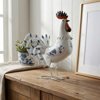 Floral Print Iron Cock Blue Accents Cock Garden Statue Decorative Chicken Yard Ornament Large for Courtyard