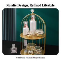 Gold Birdcage Makeup Rack Elegant Design Birdcage Cosmetic Rack Space-Saving Bird Cage Cosmetic Organizer for Women, Bedroom, Dresser, Washroom