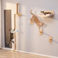 Wall Mounted Cat Shelves with Feeding Station, 6-Piece Wooden Playground and Climbing Frame with Jute Rope for Indoor Playing Climbing Decor