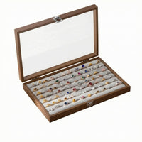 Metal Clasp Wood-Grain Finger Jewelry Holder Case Lined Interior Glass Lid Finger Jewelry Holder Box