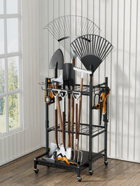 Garden Tool Straight Hook Storage Rack with Wheels, 3-Tier Carbon Steel Organizer