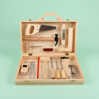 Suitcase Style Carpentry Repair Toy Natural Wood Finish Wooden Tool Box Toy Assorted Pieces Wooden Toolbox Set Metal