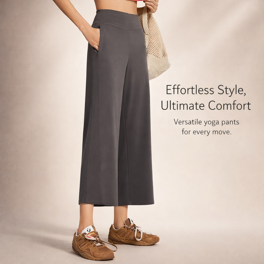 Wide Leg Trousers for Women with High Waist and Elastic Waistband, Cropped Pants in Stretch Nylon, Casual Gym Workout