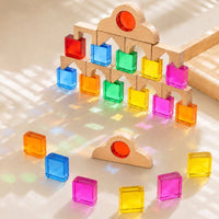 Wooden Building Toy with Acrylic Inserts Stackable Sensory Blocks with Colored Openings Burr Geometric Blocks for Kids, Playroom