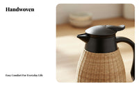 Double Wall Vacuum Insulation Insulated Rattan Design Pitcher Single-Push Button Bamboo Woven Thermal Pitcher Large Capacity for Hosts, Home
