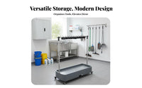 Stainless Steel Frame Mobile Mop and Broom Holder Water Collection Tray Mobile Broom and Mop Holder Single-Key Drainage Rolling Cleaning Tool Organizer Heavy Duty for Janitors, Commercial, Hospital, School, Garage