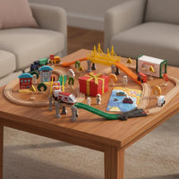 110 Pieces Great Gift 110 Piece Wooden Railway Set Beech Wood Material Wooden Train Track Set Creative Assembly City Scene Vehicle Playset for Boys, Kids, Toddlers, Floor Play, Playroom