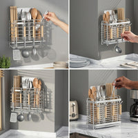 Chopstick Holder and Utensil Holder, 304 Stainless Steel Wall Mounted Organizer with Drainage Holder Tray, Space Saving Modern Kitchen Storage