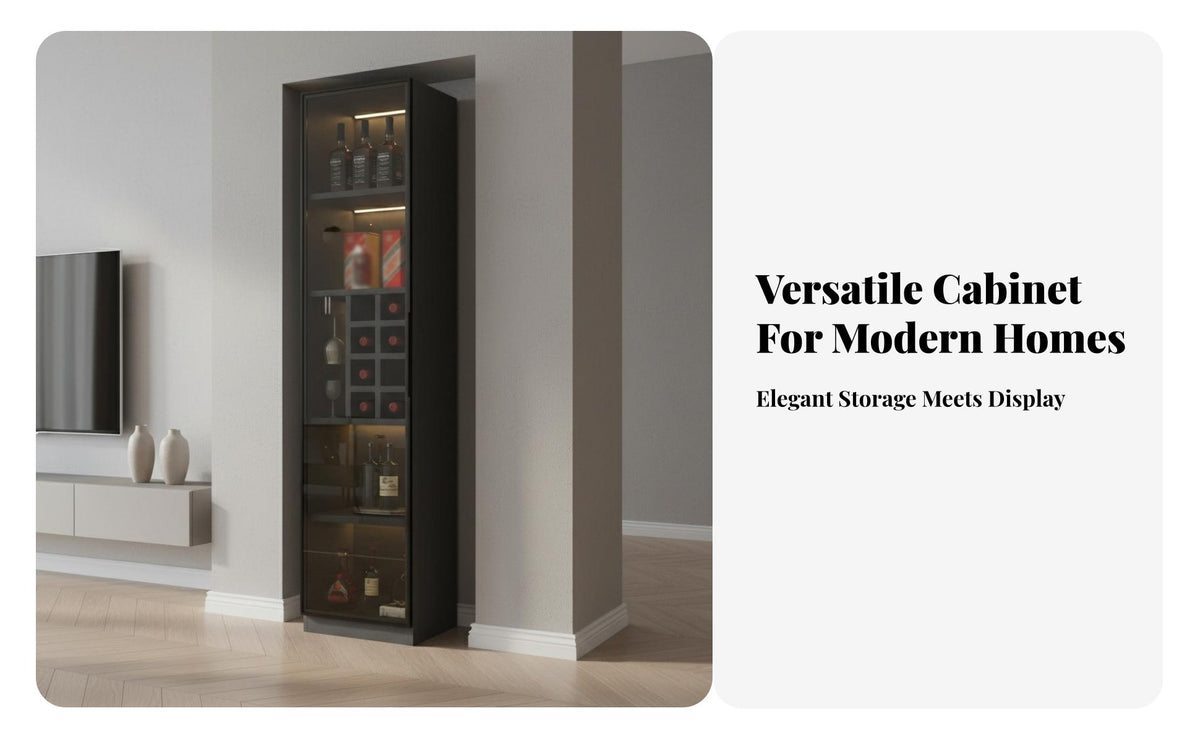 Large Capacity Glass Door Cabinet Adjustable Shelves Wine Bar Cabinet Versatile Design Freestanding Sideboard Strong Load-Bearing for Collectors, Interior Decorators, Homeowners, Dining Room, Kitchen, Hallway, Home Away Ice