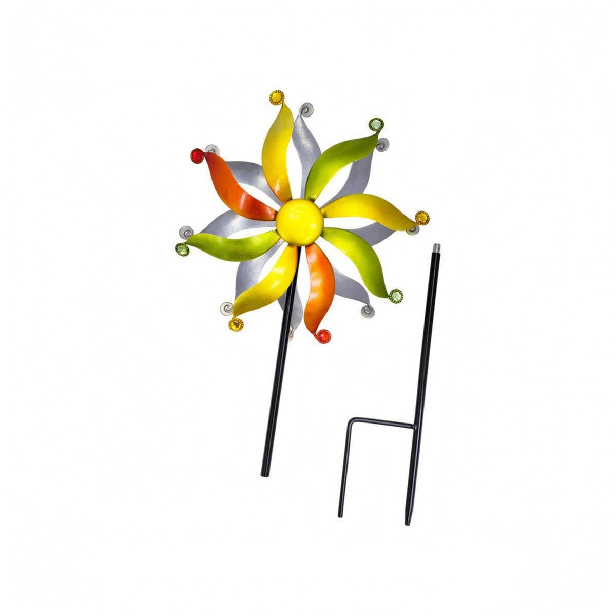 Flower-Like Metal Garden Wind Rotator Curved Blades Garden Stake Rotator Brightly Colored Pinwheel Ornament Bead-Tipped for Lawn, Patio, Courtyard