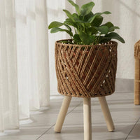 Woven Planter Stand Materials Rattan Basket Plant Holder Solid Wood Legs Tripod Plant Stand for Living Room