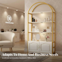 Multi-Functional 5-Tier Arched Bookshelf Freestanding Design Arched Etagere with Cabinet Space-Saving Display Rack Sturdy and Stable for Salon Owners, Office Workers, Retail Shop, Study Room, Small Areas, Bedroom