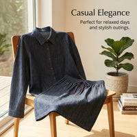 Long Skirt Denim Two Piece Set with Button Front Cardigan for Casual Wear, Stretch Spandex Blend with Pleated Details