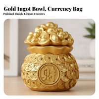 Gold Ingot Treasure Bowl Auspicious Design Chinese Wealth Bag Statue Gold Ingot Wealth Pot Festive Gift Resin Treasure Basin
