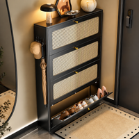 Metal Shoe Storage Cabinet, Narrow Flip-Drawer Shoe Rack for Hallway, Vintage Luxury Black Shoe Storage for Small Spaces, 31cm Deep