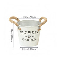 Hand-Painted Metal Bucket Planter Distressed Finish Bucket Flower Pot Printed Lettering Rope Handle Planter Tapered Shape