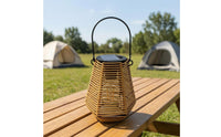 Open Slatted Solar Hanging Lantern Metal Frame Solar Rattan Lantern Arched Handle Wireless for Garden, Yard, Campsite, Balcony