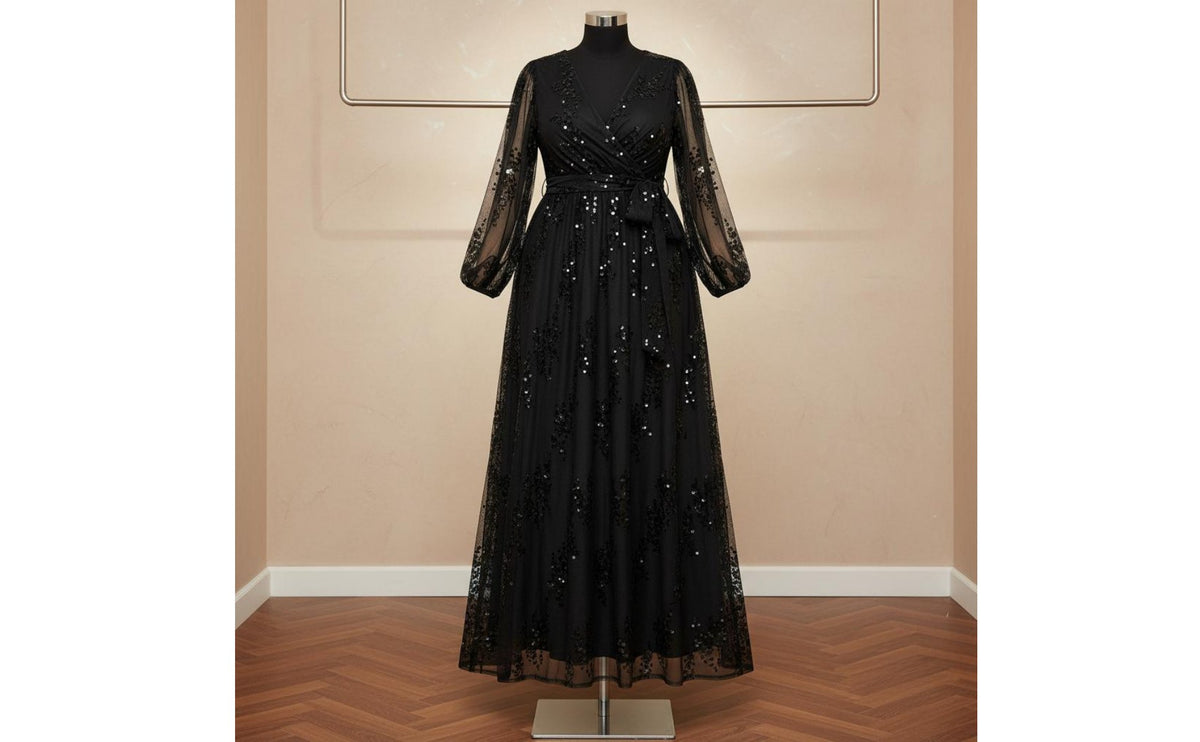 Plus Size V Neck Evening Dress Elegant Lantern Sleeve Gown Glittering Sequined Maxi Dress Floor Length for Women, Banquet, Party