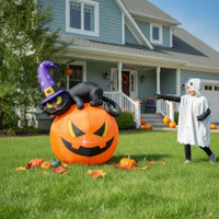 Lighted Black Cat with Witch Hat and Pumpkins Colorful Black Cat with Pumpkin Bright Halloween Decoration Family-Friendly for Garden