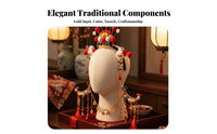 God of Wealth Hair Crown Dangling Coins Chinese New Year Hair Crown Set Red Tassel Decorative Puff Headdress for Event S