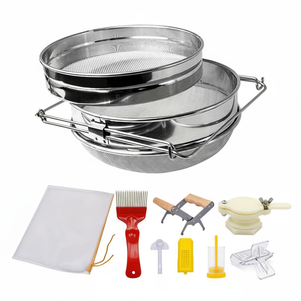 9 Pieces Easy to Use Honey Processing Tool Bundle Long-Lasting Materials Honey Uncapping and Extracting Tool Kit Stainless Steel Strainer 9 Piece Beekeeper Starter Kit for Beekeepers, Beginners, Hobbyists, Farm, Backyard