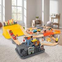 Wooden Train Set with Tracks Interlocking Wooden Train Track Set Powered Railway Kit for Young Children
