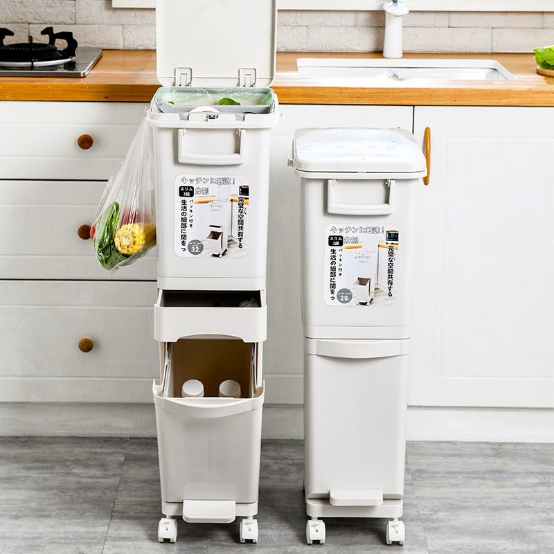 Japanese-style Kitchen Trash Can with Lid, Dual-layer Wet/Dry Separation, Large Capacity, Press-open, 12L+