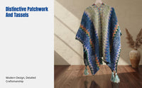 Ethnic Style Knitted Shawl Blanket, Women's Warm Patchwork Cape, Holiday Poncho, Decorative Wrap