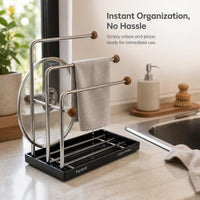 Walnut Wood Dish Drying Rack with Stainless Steel Cloth Holder for Kitchen Countertop Organization