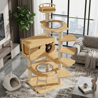 Cat Activity Tree with House and Bed, 5-Level Solid Wood Scratching Board, Ladder Meow and Hammock for Large Indoor Cats to Play and Rest