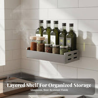 Drillwithout Installation Seasoning and Utensil Wall Rack Multi-Functional Wall-Mounted Rack with Hooks Multifunctional Kitchen Organizer Easy to Install for Renters, Home Cooks, Homeowners, Pantry, over Cooktop