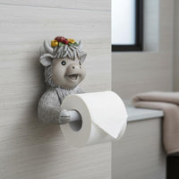 Drill-No-Drill Installation Highland Cow Toilet Paper Holder Decorative Cute Cow Paper Roll Dispenser Ideal Gift Funny Creature Tissue Holder Easy to Clean for Children, Powder Room, Cabin, Kitchen