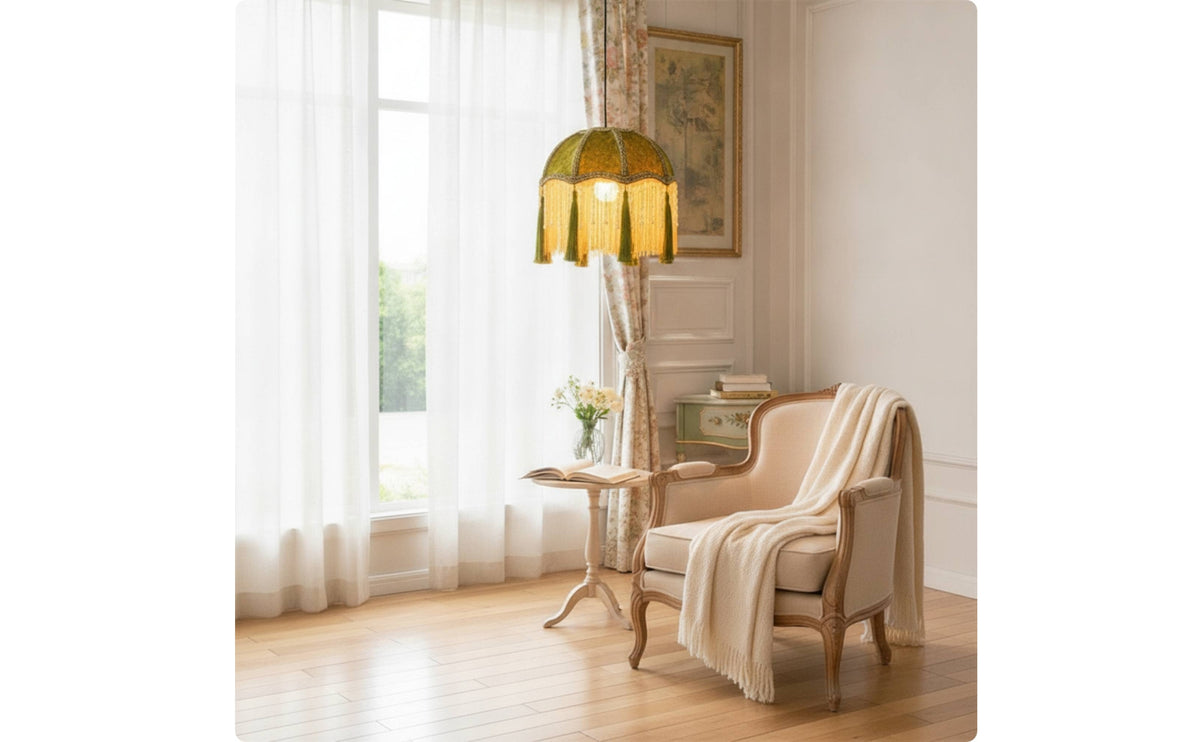 Lamp Shade with Fringe Vintage Lamp Shade with Tassels French Style Velvet Lampshade for Bedroom, Living Room, Reading Corner
