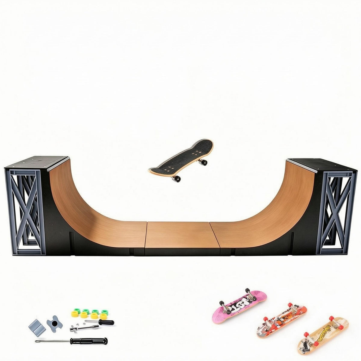 Wood-Grain U-Shaped Finger Skateboard Ramp Black Frame Finger Skateboard Ramp Set Lattice Support Fingerboard Obstacle Set Indoor