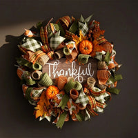 Wreath with Sign Autumn Harvest Wreath Plaid Mesh for Entry Door, Entryway