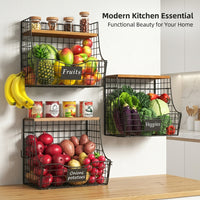 Kitchen Storage Hanging Basket with Wooden Lids for Vegetable Wall or Countertop Wire Rack, Foldable Design for Home