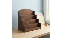 Greeting Card Display Stand Holder with Arched Back Wooden Stepped Display Shelf Multi-Tier Postcard Rack for Reception Desk