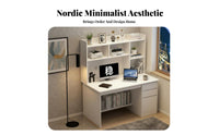 Minimalist Design Study Desk with Hutch Multiple Storage Options Workstation with Hutch and Drawers Spacious Desktop Writing Table Organized Compartments for Students, Teenagers, Telecommuting Workers, Bedroom