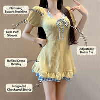 One-piece swimsuit for plus size women with a modest skirted design, short sleeve padded one piece for