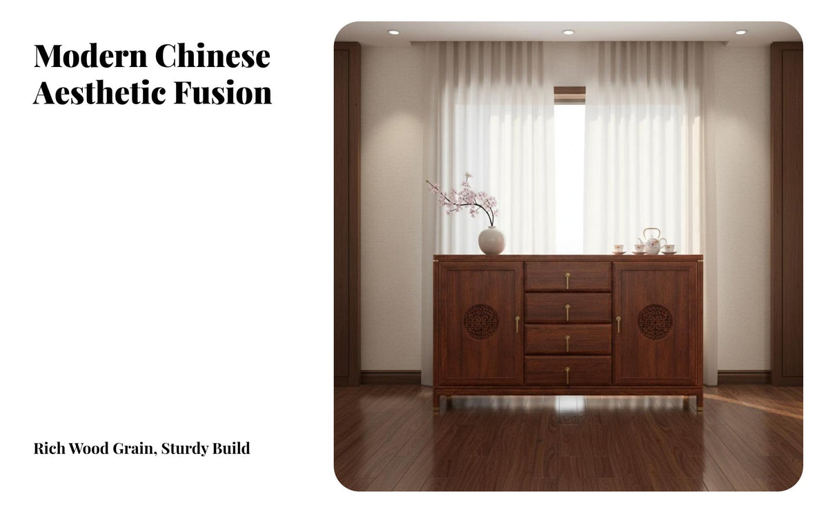 New Chinese Design Sideboard Traditional Mortise and Tenon Joinery Solid Wood Dining Room Buffet Sturdy Wooden Sideboard Cabinet for Hallway, Kitchen